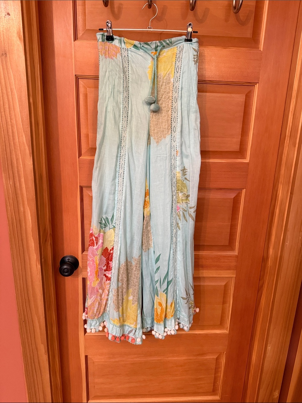 Boho Wide-Leg Floral Pants with Pom-Tie Waist - Light Blue